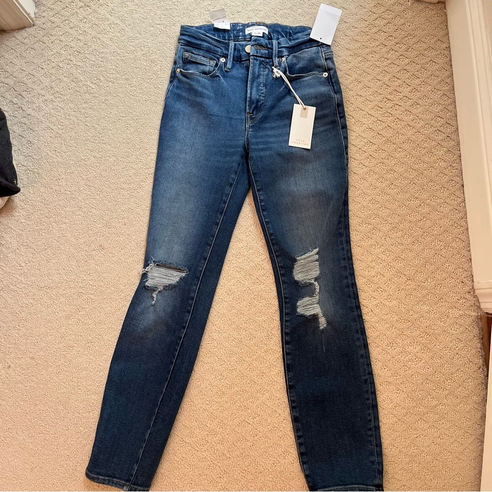 NWT Good American Good Legs Ripped High Waist Jeans, Women's Jeans, Size 0